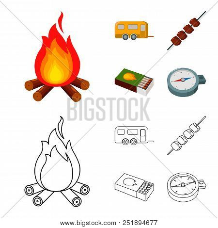 Trailer, Shish Kebab, Matches, Compass. Camping Set Collection Icons In Cartoon, Outline Style Vecto