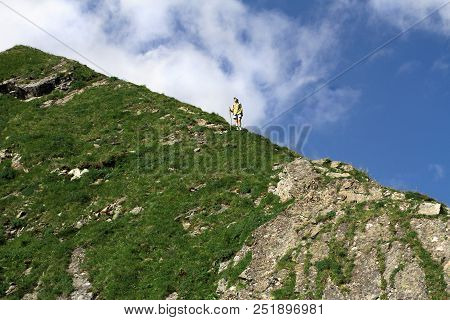 A Girl With A Wooden Stick For A Walk Looks At The Sun And Stands On A Mountain Covered With Grass I