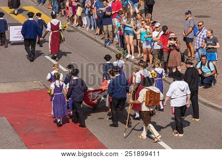 Zurich, Switzerland - August 1, 2018: Participants Of The Parade Devoted To The Swiss National Day P