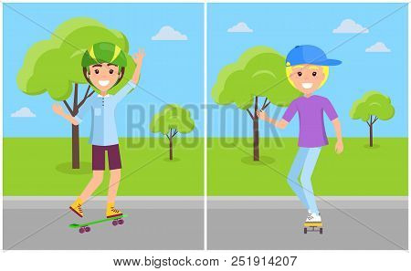 Guys In Caps And Helmets On Skateboards, Happy Teenagers Skaters At Springtime Vector. Set Boys Ridi