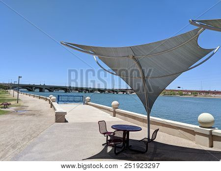 Awnings Shielding Recreation Area From Merciless Hot Sun At Salt River Lakeside In Tempe, Arizona