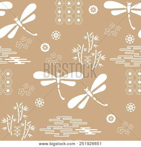 Beautiful Japanese Seamless  Pattern With Dragonfiles. Chinese, Japanese Elements.vector Unique Seam
