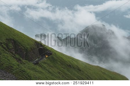 Steam Train Track Tunnel In The Swiss Alp Mountain, Brienzer Rothorn Train In Switzerland