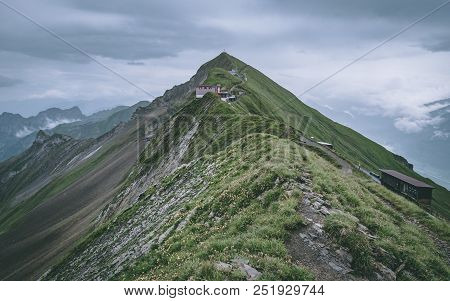 Mountain Hut On The Top Of A Mountain In The Swiss Alps Brienzer Rothorn Hohenweg Switzerland Cloudy