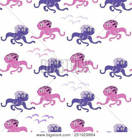 Beautiful Seamless Pattern With  Octopus, Seaweed. Marine Cute  Background  In Flat Cartoon Style. F