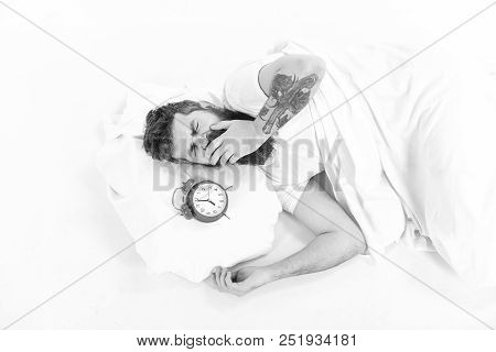 Man With Tattoo Sleep, Morning, Need To Get Up, White Background, Top View. Man With Yawning Face Li