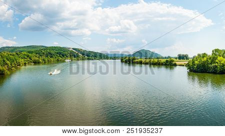 Panoramic Landscape, Danube River And Walhalla Memorial On The Hill, Tourism And Famous Places, Dona