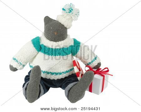 Giocattolo peluche gatto nei pantaloni con una scatola regalo a fianco