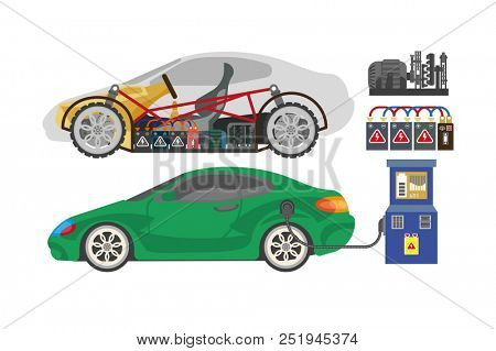 Electrocar or electric car automobile vehicle mechanism details  flat design