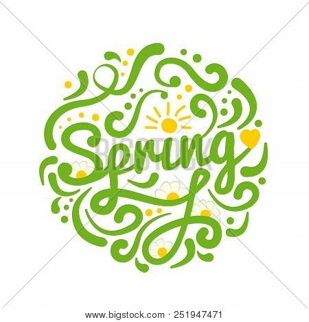 Brush Lettering Spring Isolated On White Background. Sunny Brigh