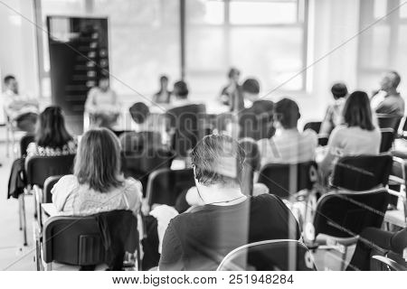 Round Table Discussion At Business Convention And Presentation. Audience At The Conference Hall. Bus