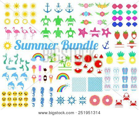Big Summer Bundle With Design Elements. Turtle, Sun, Seahorse, Mermaid Tail, Rainbow, Flamingo, Wate