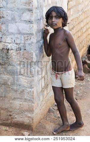 Pondichery, Puducherry, Tamil Nadu, India - March Circa, 2018. Unidentified Small Indian Barefoot Bo