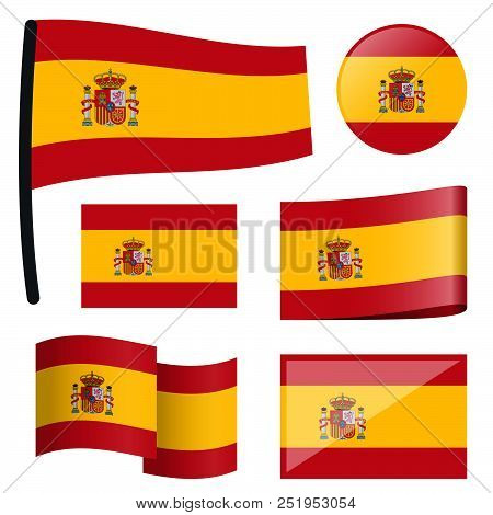 Collection Of Different Swung Flags Of Country Spain
