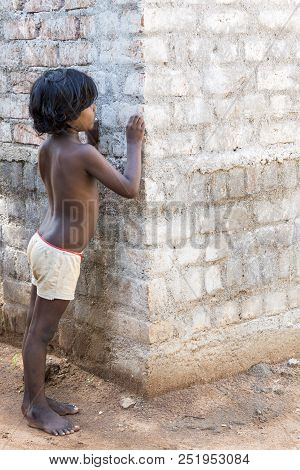 Pondichery, Puducherry, Tamil Nadu, India - March Circa, 2018. Unidentified Small Indian Barefoot Bo