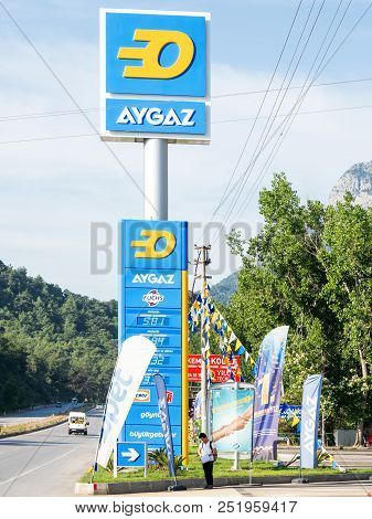 Kemer, Turkey - May 16, 2018. Cars Moving Pass Gas Stations Petrol Ofisi And Aygaz.