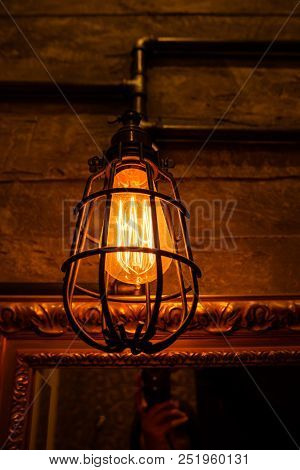 Vintage Light Bulbs With Glower Filament. Old Fashioned Lantern. Incandescent Lamp, Retro Design.