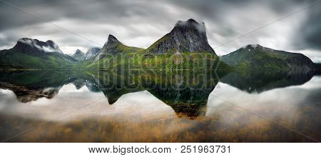 Panorama Of Steinfjorden Among Mountains And Forest On Senja Island, Norway