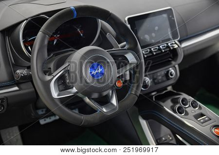 Dieppe, France - June 30, 2018: The New Model Of The Sports Car Alpine A110 Is Exhibited At The Fact