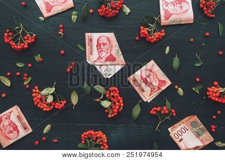 Flat Lay Serbian Currency Thousand Dinars Banknote, Top View Of Decorative Arrangement With Wild Ber