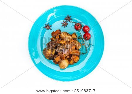 Beef meat stewed with potatoes-Traditional French cuisine Beef Bourguignon potatoes carrots in persillade