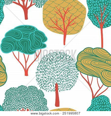 Seamless Background With Stylized Trees. Forest Bright Pattern