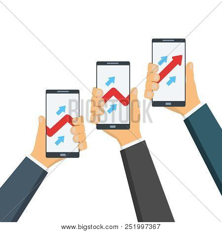 Partnership Concept. Businessmen Hold A Gadgets, Phones With Statistical Graphs On The Screen, Growi