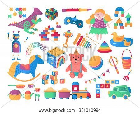 Kids And Children Toys Icon Collection Cartoon Vector Illustration. Bear, Games, Car, Train And Doll