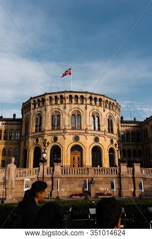Editorial 08.31.2019 Oslo Norway Sortinget, The Norwegian Parliament Building On A Sunny Afternoon W