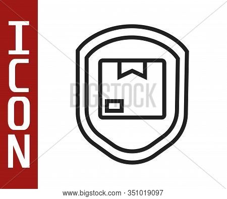 Black Line Delivery Pack Security With Shield Icon Isolated On White Background. Delivery Insurance.