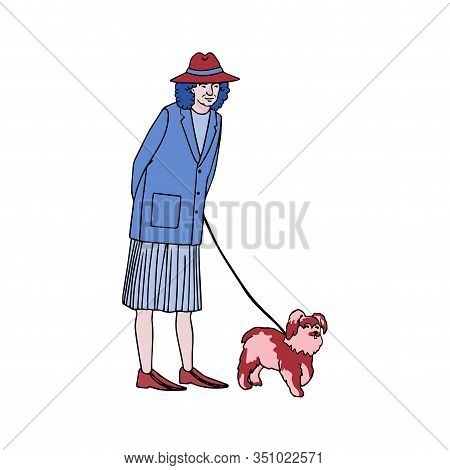 Vector colorful illustration of old woman walking with dog isolated on white background
