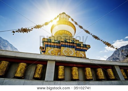 tibetan gompa in sunbeam light