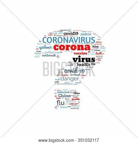 Tag Cloud On Theme Coronavirus Outbreak In Shape Of Question Mark On White Background. Abstract Conc