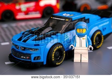 Tambov, Russian Federation - January 10, 2020 Lego Chevrolet Camaro Zl1 Race Car And Driver Minifigu