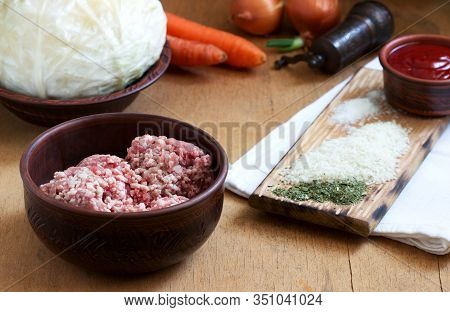 Ingredients For The Preparation Of A Traditional Moldavian Or Romanian Dish Of Stuffed Cabbage.