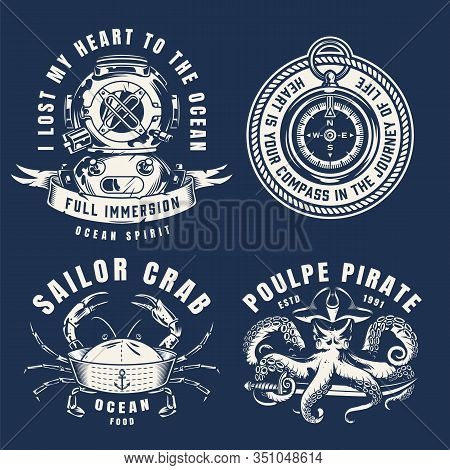 Vintage Nautical Emblems With Navigational Compass Poulpe In Pirate Hat With Saber Diving Helmet Sai