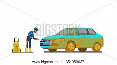 Cool Vector Flat Illustration On Dirty And Clean Car. Car Wash Stages Process From Dirty To Clean. D