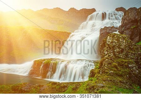 Scenery Of Mountains With Dynjandi, Fjallfoss, Waterfall, Iceland. Long Exposure. Icelandic Summer L