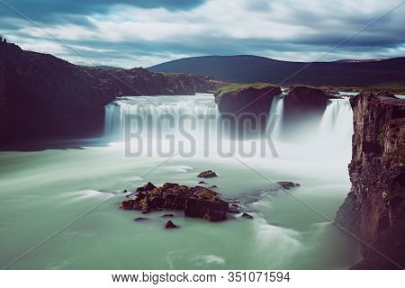 Godafoss Waterfall In Iceland, Summer Natural Travel Background