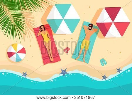 Tourist Man And Woman Lying On Beach Top Angle View Hello Summer Vacation Tropical Seaside Ocean Fla