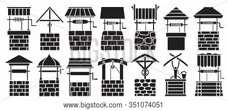 Water Well Vector Black Set Icon.vector Illustration Wooden And Stones Wellspring On White Backgroun