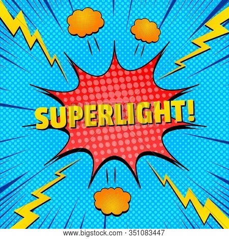 Comic Electric Style Concept With Red Speech Bubble Lightnings Clouds Blue Rays And Halftone Effects