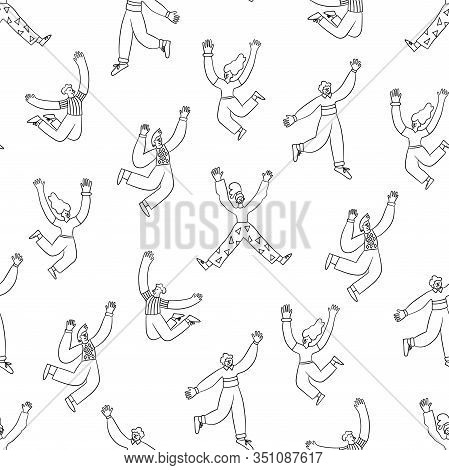 Fun Trendy People Jumping In The Air With Raised Hands. Seamless Anthropomorphic Pattern. Vector Ill