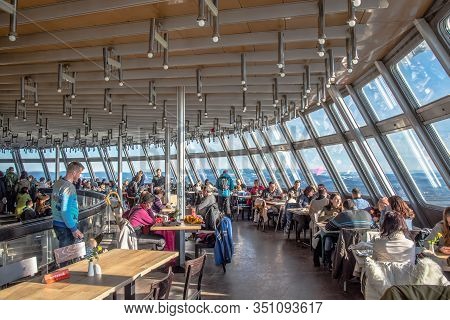 Liberec, Czech Republic - January 2, 2020: Jested Restaurant Interior Full Of People. Jested Mountai