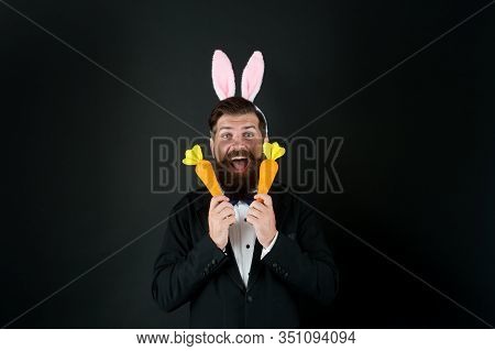 Carrots For Easter. Happy Boss Celebrate Easter. Bearded Bunny Hold Carrots. Enjoying Celebration. H