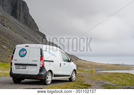 Hvalnes Iceland - June 9. 2019: Small Rental Camper Van Near Hvalnes In East Iceland