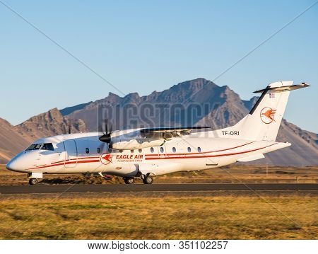 Hornafjordur Iceland - October 27. 2019: Eagle Air Dornier 328 Turboprop Airplane Landing At Hornafj