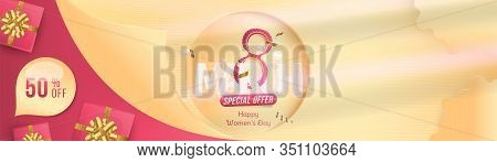 8 March International Women's Day. Super Sale With 50 Special Offer. Long Greeting Card With Shining