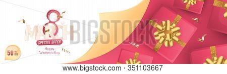 8 March International Women's Day. Super Sale With 50 Special Offer. Long Greeting Card With Shining
