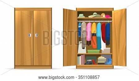 Open Closets Cupboard Wardrobe. Closet With Opening Doors, Clothing And Shoes, Hats And Boxes. Woode